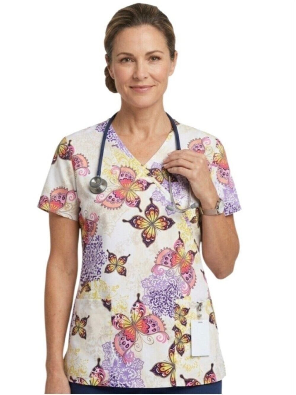 SB Scrubs V-Neck Scrub Top Women's Medium Butterfly Mandala Colorful